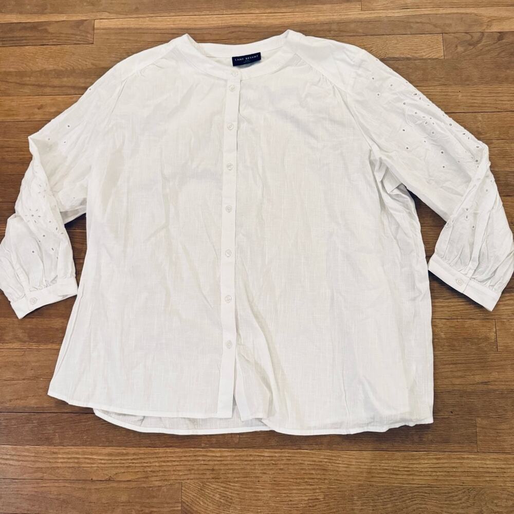 Lane Bryant white long sleeve button down eyelet trim shirt top size 26/28
 b7